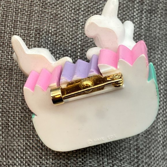 Easter Bunny Wind Up Seesaw Pin White Blue Pink Purple Green Tulips Retro Vintag - Picture 4 of 5